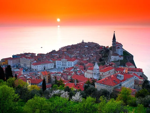 Sunset view over Piran, a coastal town in Slovenia
